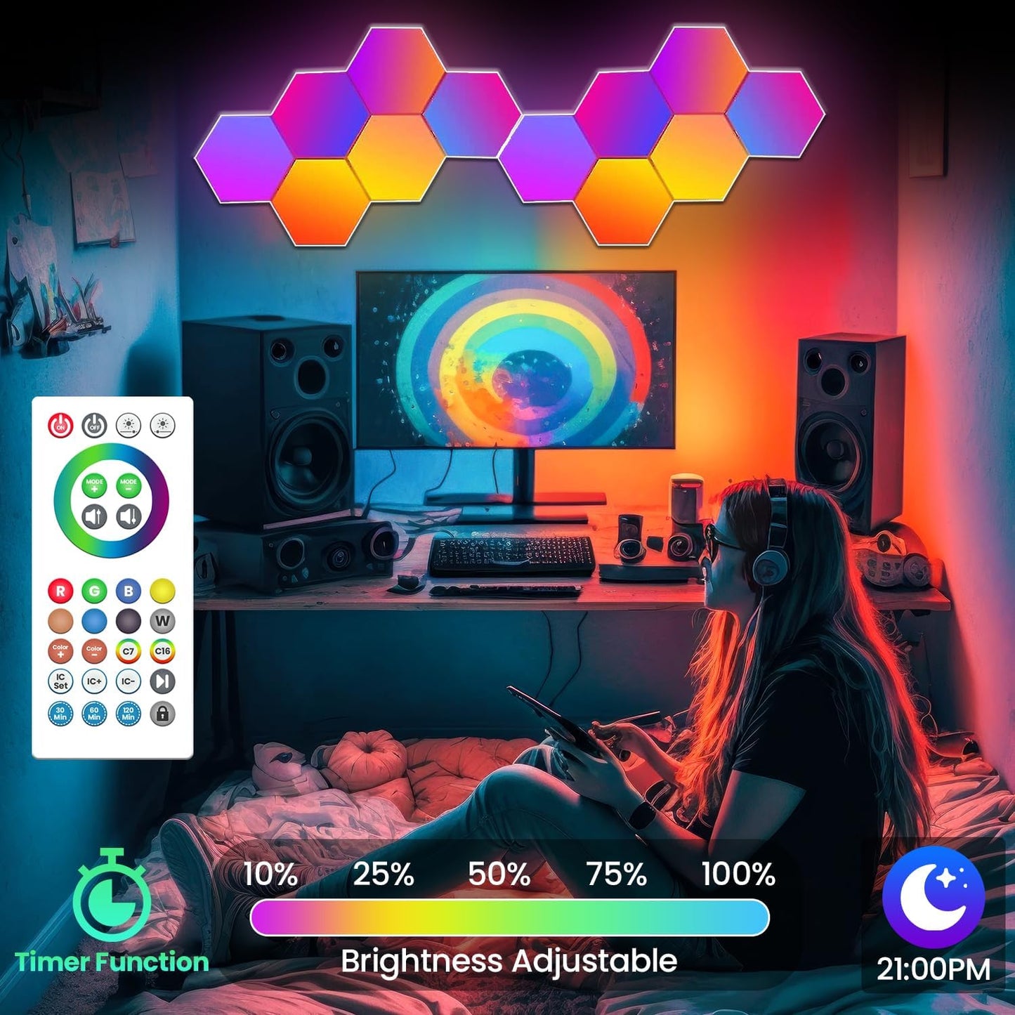 12 - Pack Hexagon Led Lights - RGB Wall Panels, Hexagon Lights with APP & Remote - Control - The Gadget Guy