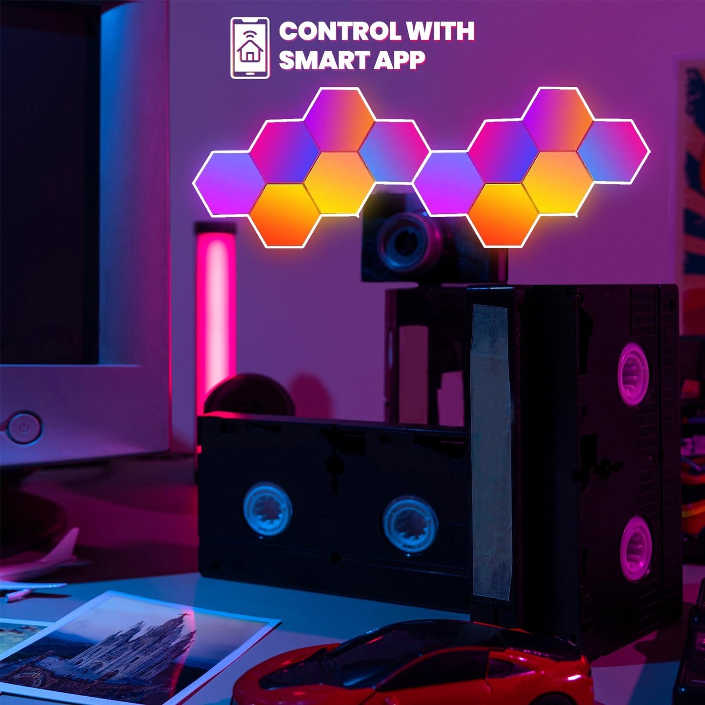 12 - Pack Hexagon Led Lights - RGB Wall Panels, Hexagon Lights with APP & Remote - Control - The Gadget Guy