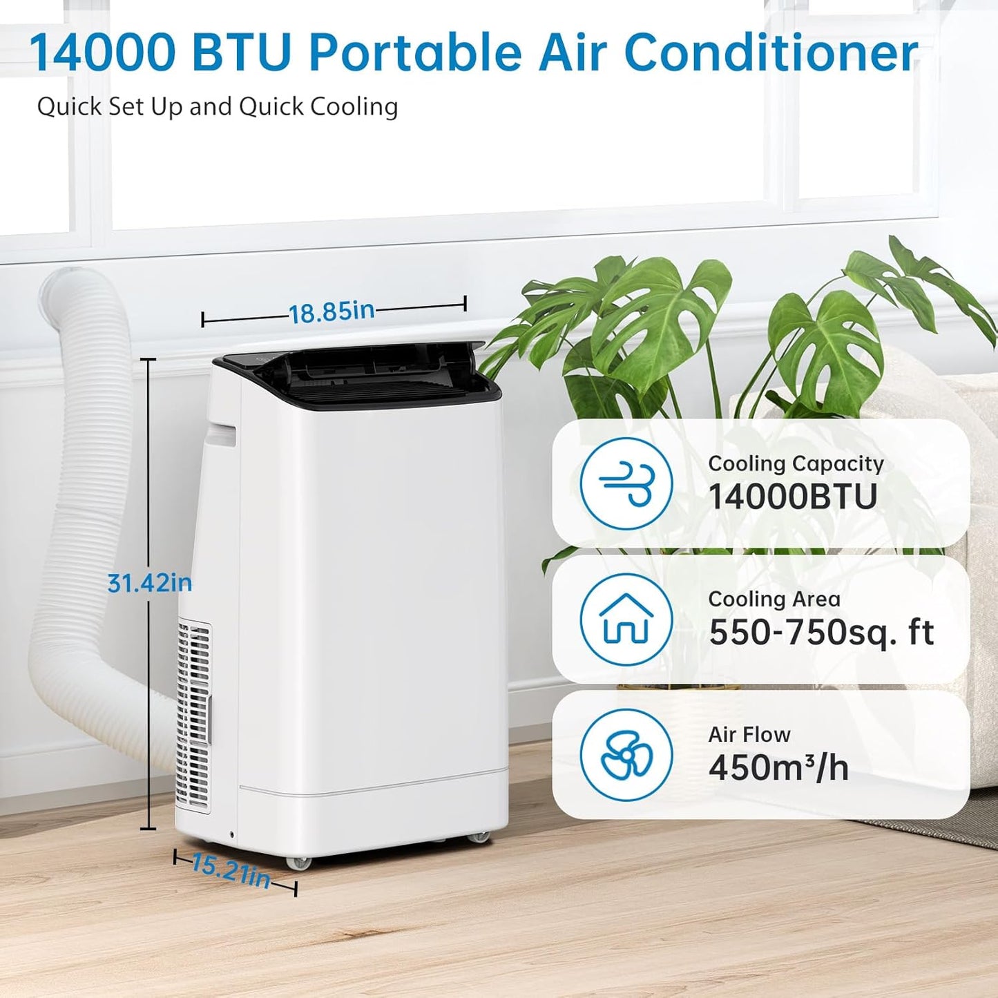 14,000 BTU Portable Air Conditioner for 550 - 750 Sq.Ft - Sleep Mode & 24 - Hour Energy - Saving Timer | Quiet Operation (48 - 53Db) | Bedroom&Office - The Gadget Guy