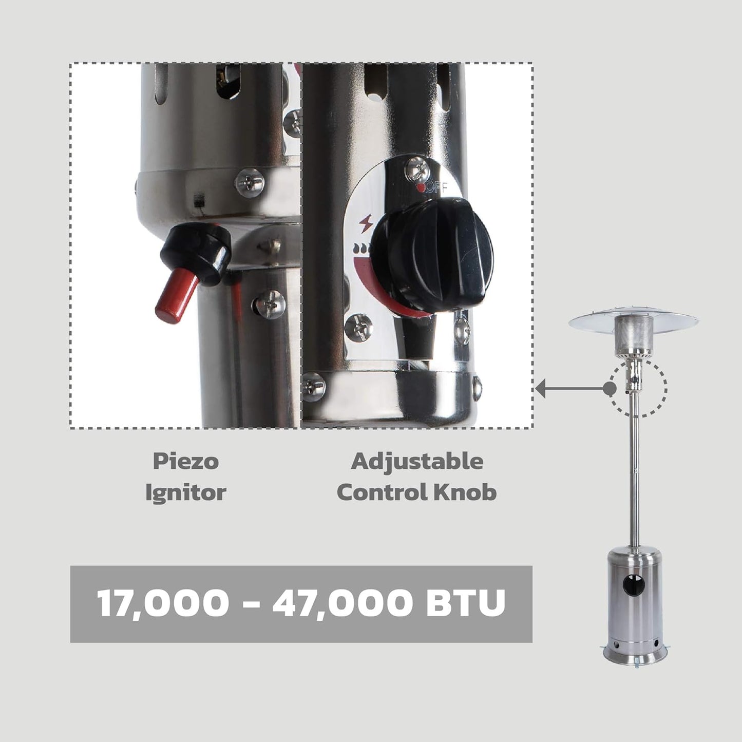 47,000 BTU Stainless Outdoor Patio Heater - Adjustable Portable Liquid Propane Gas Floorstanding Heater with Wheels - The Gadget Guy