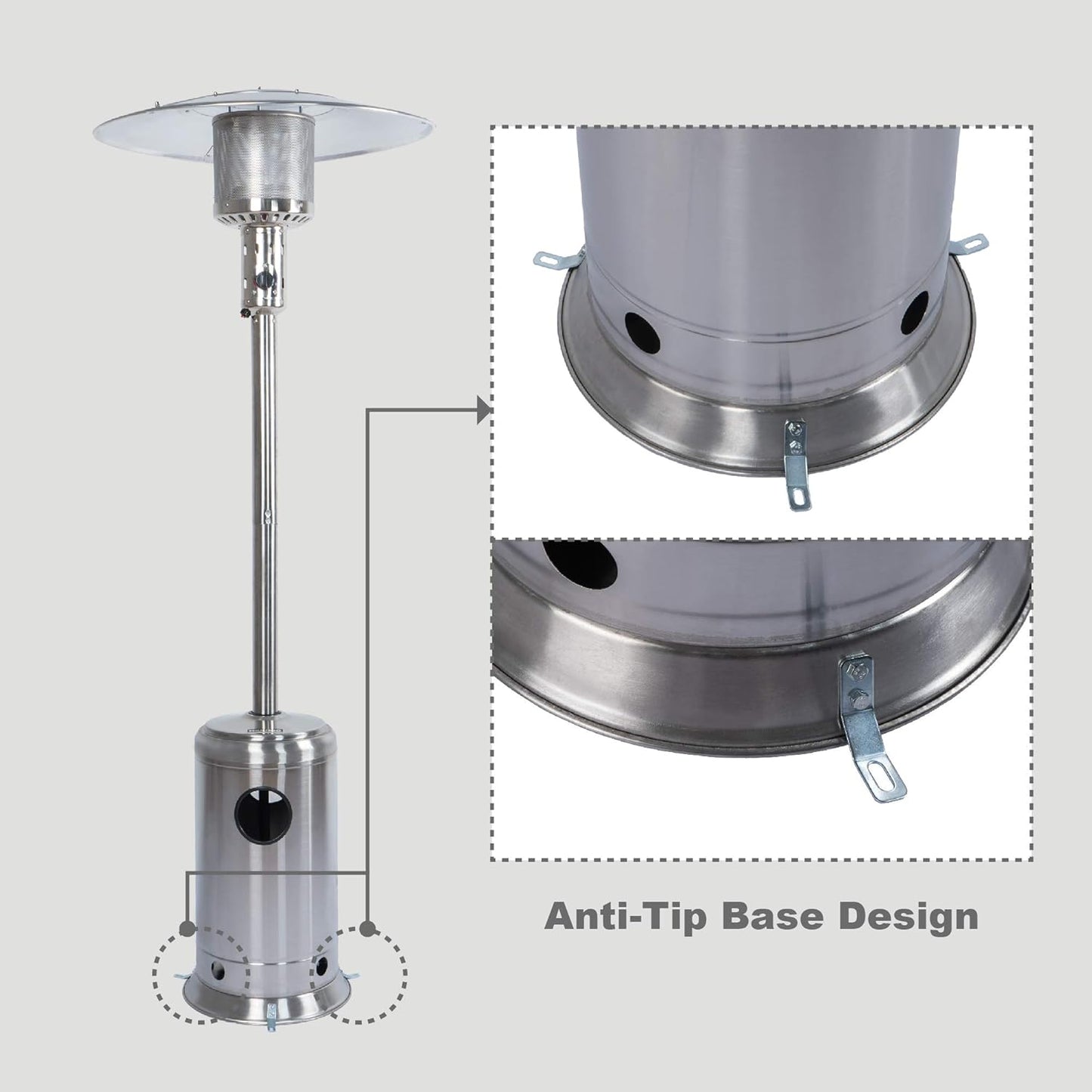 47,000 BTU Stainless Outdoor Patio Heater - Adjustable Portable Liquid Propane Gas Floorstanding Heater with Wheels - The Gadget Guy