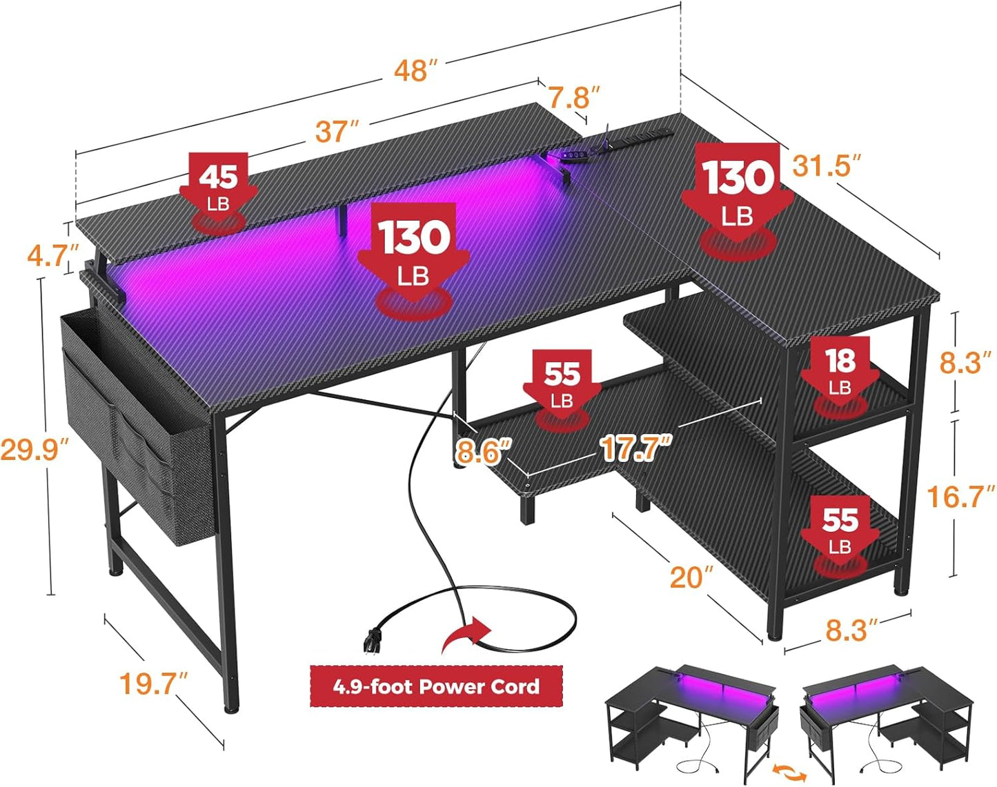 48 Inch Gaming Desk - USB Charging Ports and LED Lights, Reversible L Shaped Computer Desk with Storage Shelves & Monitor Stand, Power Outlets, Black - The Gadget Guy