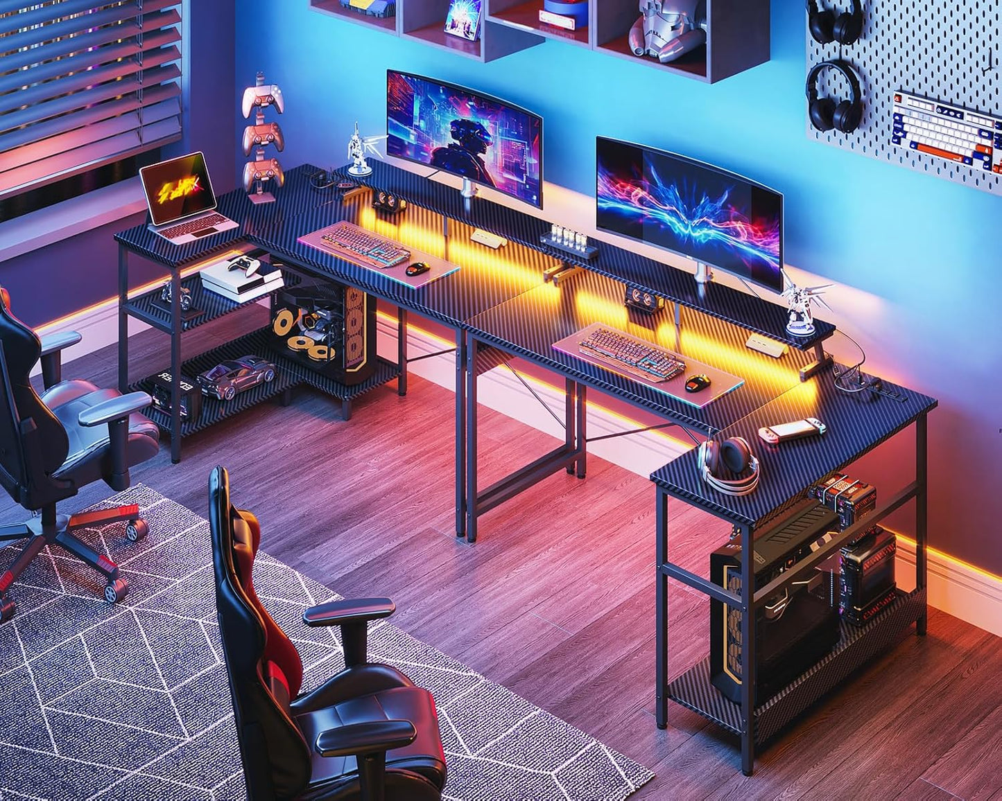 48 Inch Gaming Desk - USB Charging Ports and LED Lights, Reversible L Shaped Computer Desk with Storage Shelves & Monitor Stand, Power Outlets, Black - The Gadget Guy