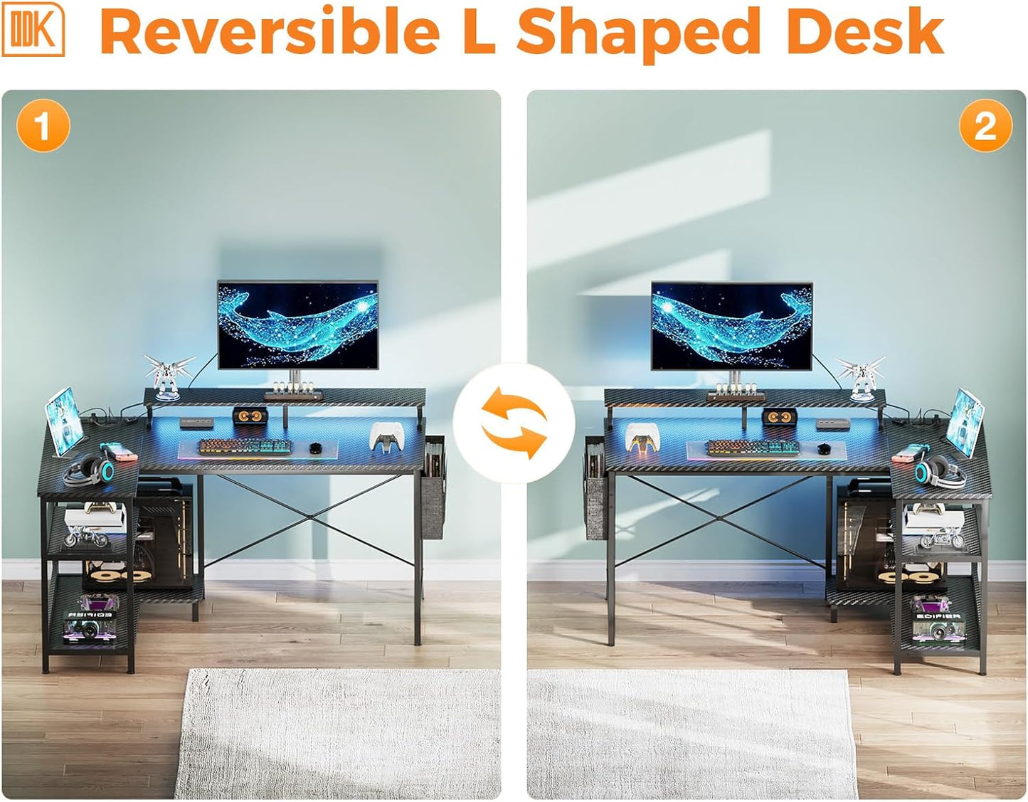 48 Inch Gaming Desk - USB Charging Ports and LED Lights, Reversible L Shaped Computer Desk with Storage Shelves & Monitor Stand, Power Outlets, Black - The Gadget Guy