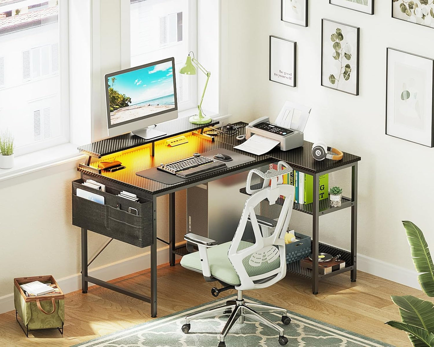 48 Inch Gaming Desk - USB Charging Ports and LED Lights, Reversible L Shaped Computer Desk with Storage Shelves & Monitor Stand, Power Outlets, Black - The Gadget Guy