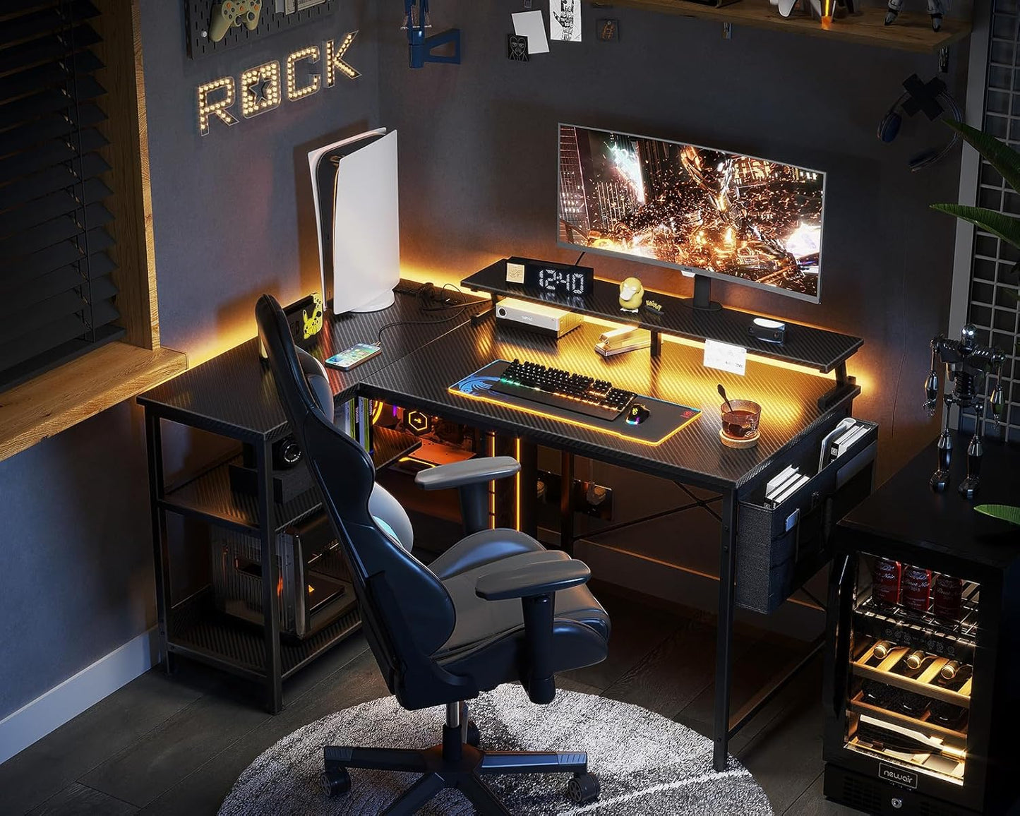 48 Inch Gaming Desk - USB Charging Ports and LED Lights, Reversible L Shaped Computer Desk with Storage Shelves & Monitor Stand, Power Outlets, Black - The Gadget Guy