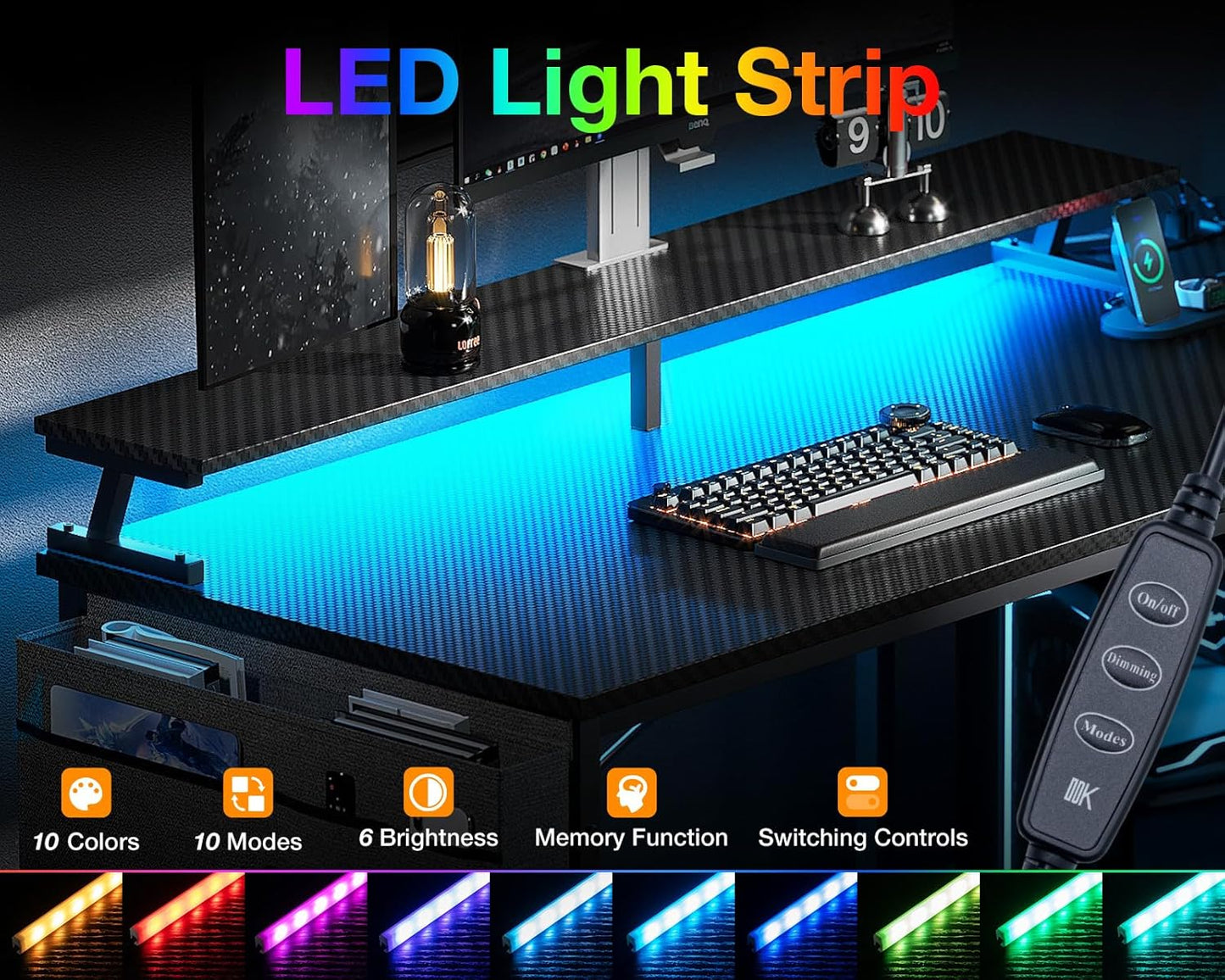 48 Inch Gaming Desk - USB Charging Ports and LED Lights, Reversible L Shaped Computer Desk with Storage Shelves & Monitor Stand, Power Outlets, Black - The Gadget Guy