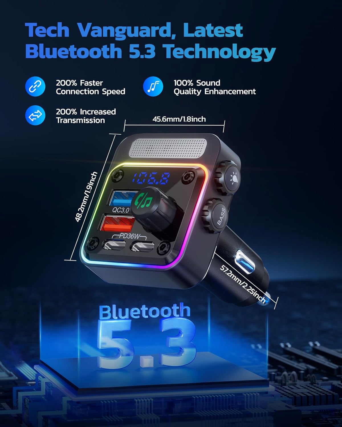 54W Bluetooth 5.3 Car Adapter/FM Transmitter - The Gadget Guy