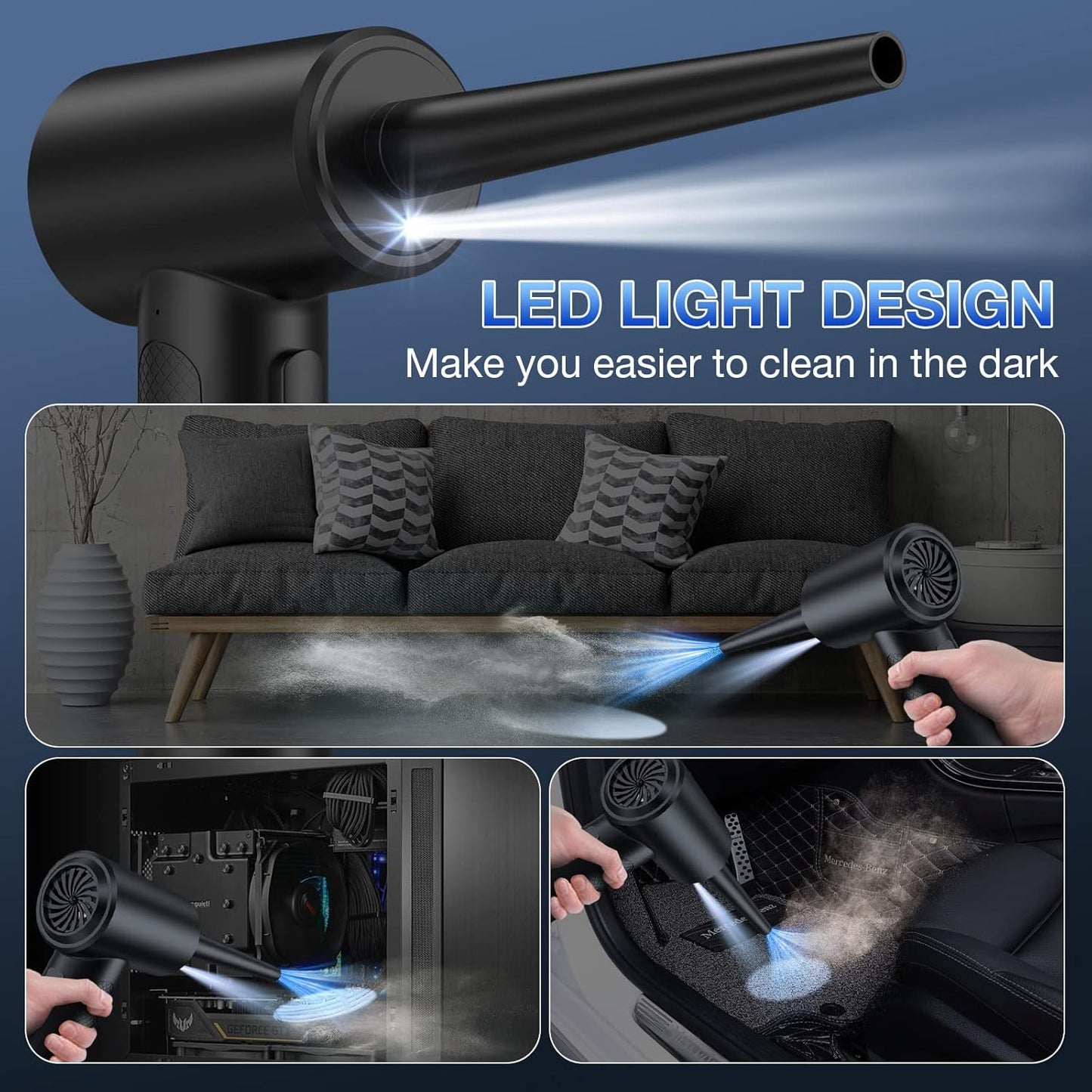 Compressed Air Duster - 3 Gear to 51000RPM Cordless Electric Air Duster, 6000Mah Rechargeable Air Blower with LED Light - The Gadget Guy