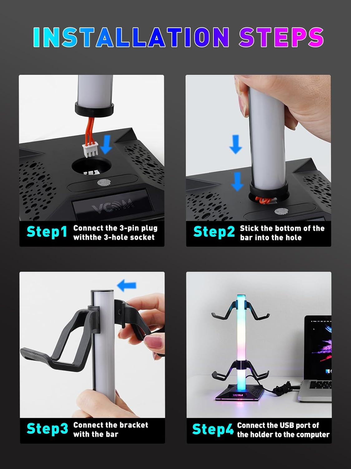 RGB Gaming Headphones Stand - 2 USB Ports Headset Stand with 10 Light Modes - The Gadget Guy
