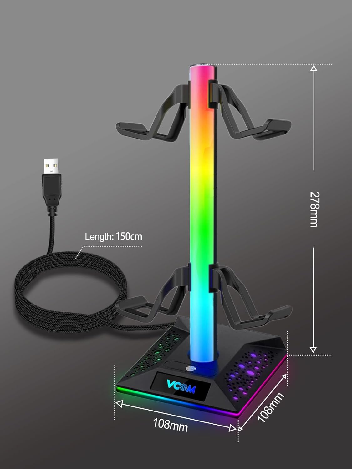 RGB Gaming Headphones Stand - 2 USB Ports Headset Stand with 10 Light Modes - The Gadget Guy