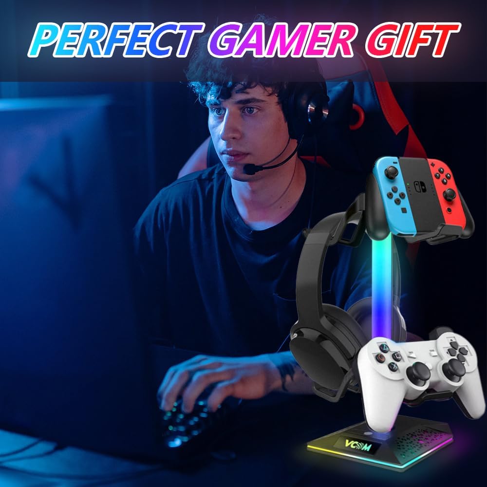 RGB Gaming Headphones Stand - 2 USB Ports Headset Stand with 10 Light Modes - The Gadget Guy