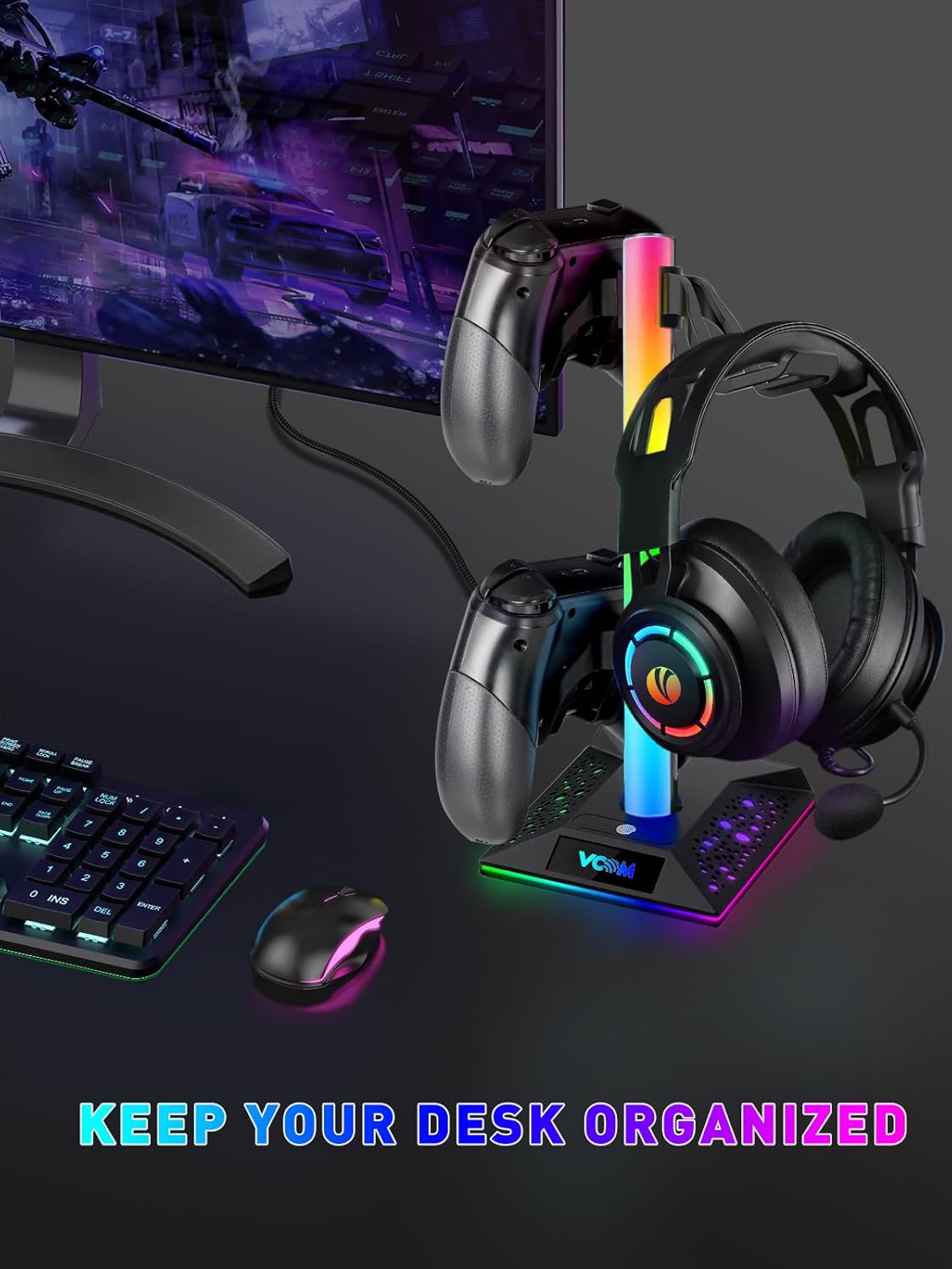 RGB Gaming Headphones Stand - 2 USB Ports Headset Stand with 10 Light Modes - The Gadget Guy