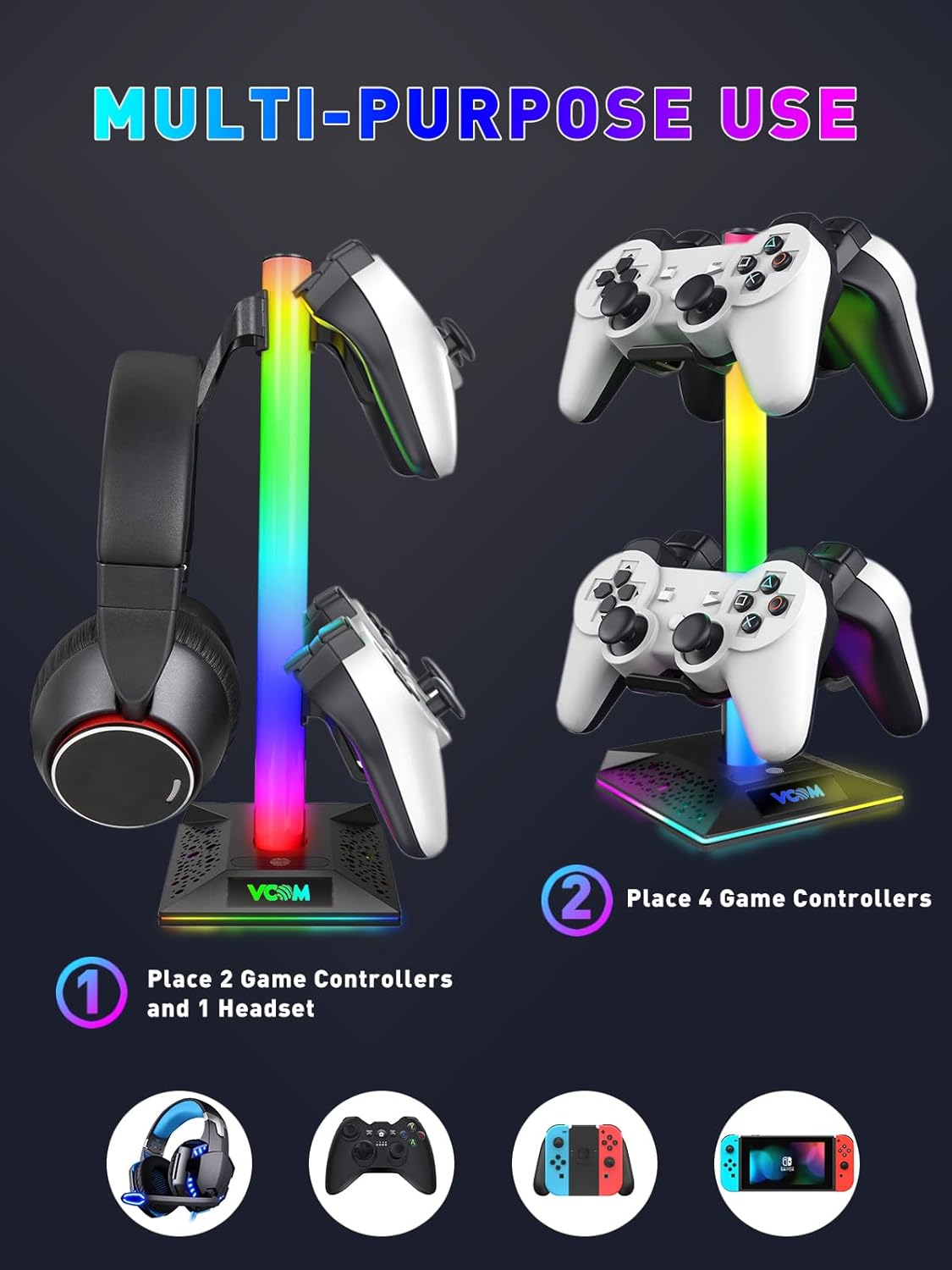 RGB Gaming Headphones Stand - 2 USB Ports Headset Stand with 10 Light Modes - The Gadget Guy