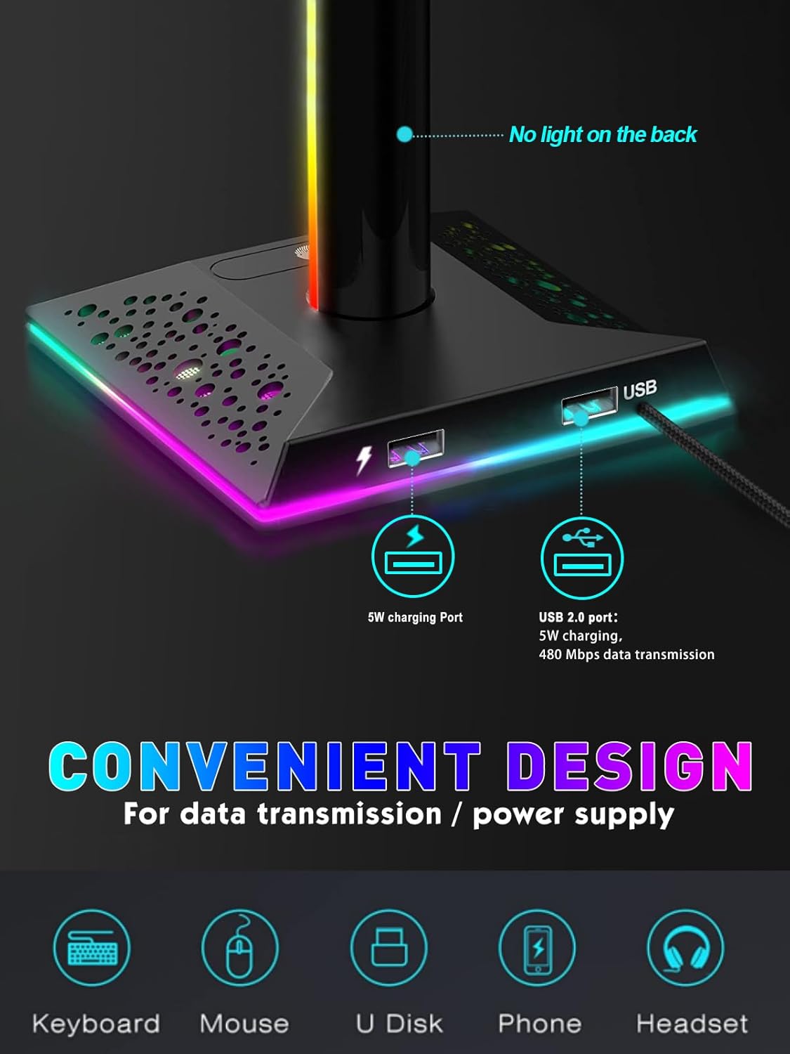 RGB Gaming Headphones Stand - 2 USB Ports Headset Stand with 10 Light Modes - The Gadget Guy