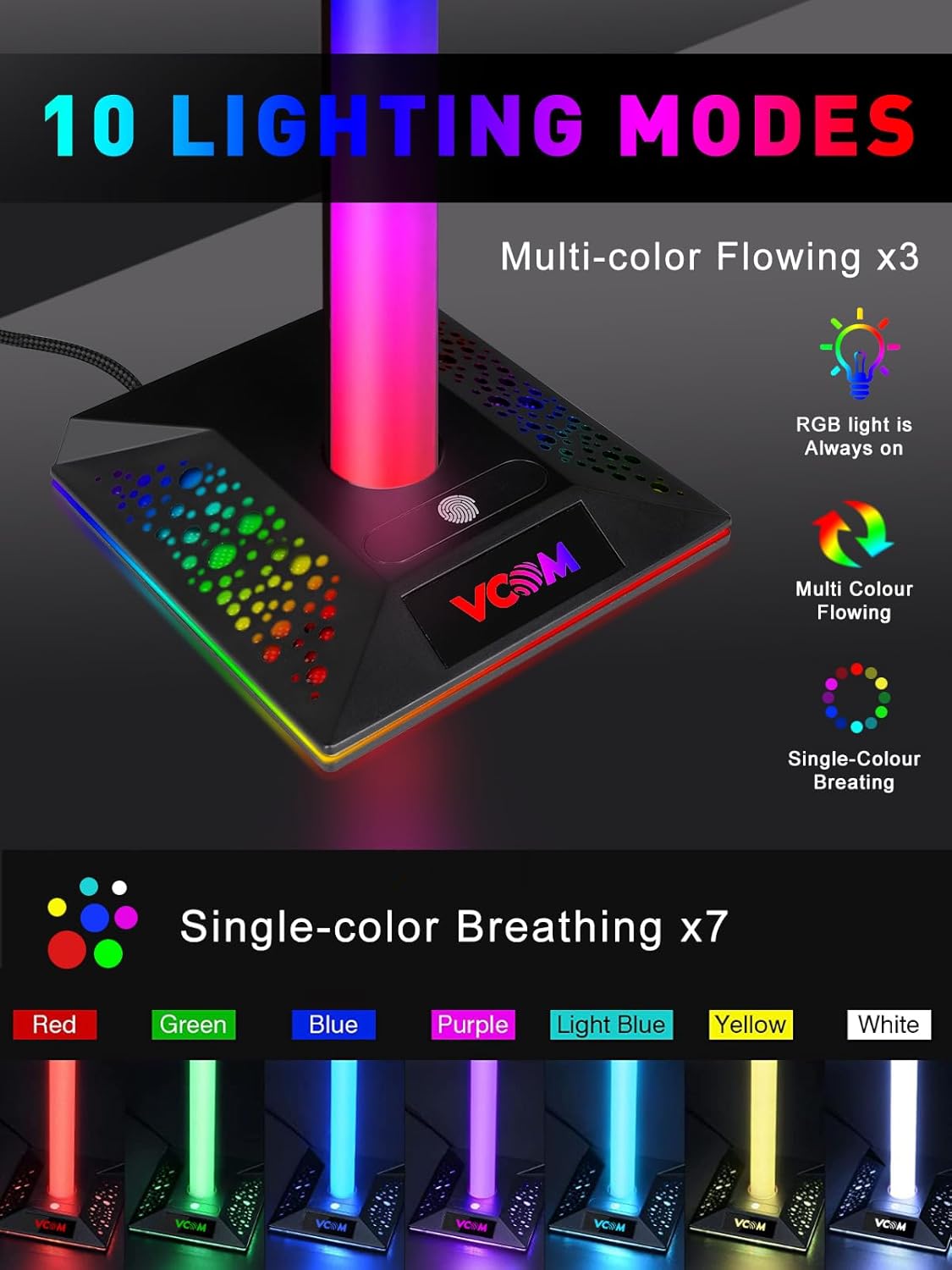 RGB Gaming Headphones Stand - 2 USB Ports Headset Stand with 10 Light Modes - The Gadget Guy