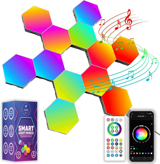 12 - Pack Hexagon Led Lights - RGB Wall Panels, Hexagon Lights with APP & Remote - Control - The Gadget Guy
