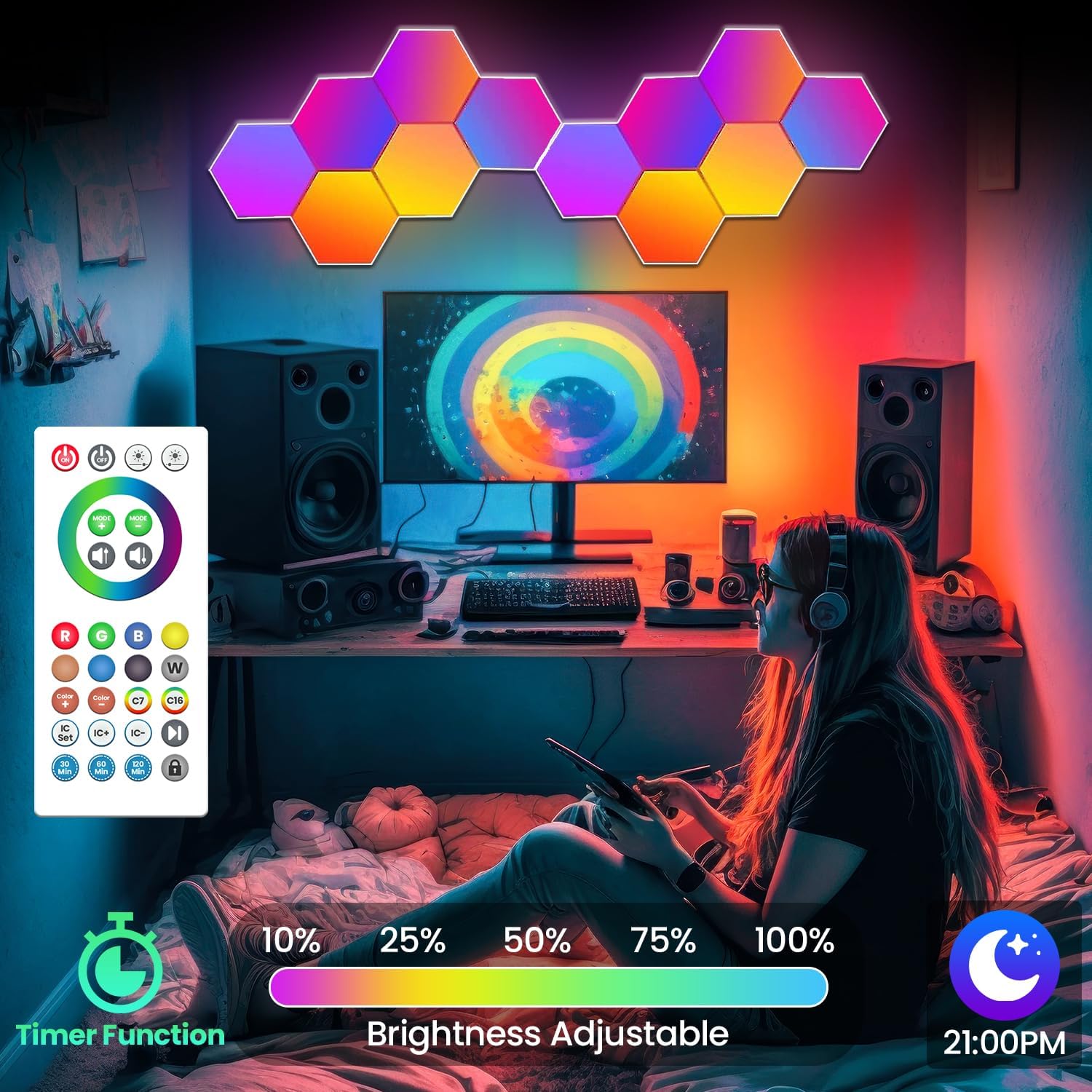 12 - Pack Hexagon Led Lights - RGB Wall Panels, Hexagon Lights with APP & Remote - Control - The Gadget Guy
