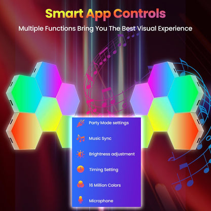 12 - Pack Hexagon Led Lights - RGB Wall Panels, Hexagon Lights with APP & Remote - Control - The Gadget Guy