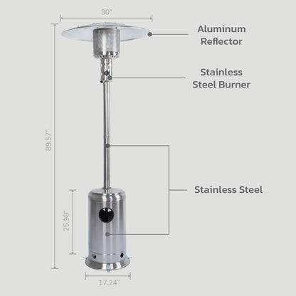 47,000 BTU Stainless Outdoor Patio Heater - Adjustable Portable Liquid Propane Gas Floorstanding Heater with Wheels - The Gadget Guy