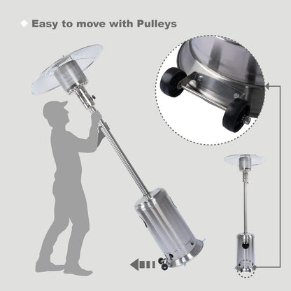 47,000 BTU Stainless Outdoor Patio Heater - Adjustable Portable Liquid Propane Gas Floorstanding Heater with Wheels - The Gadget Guy