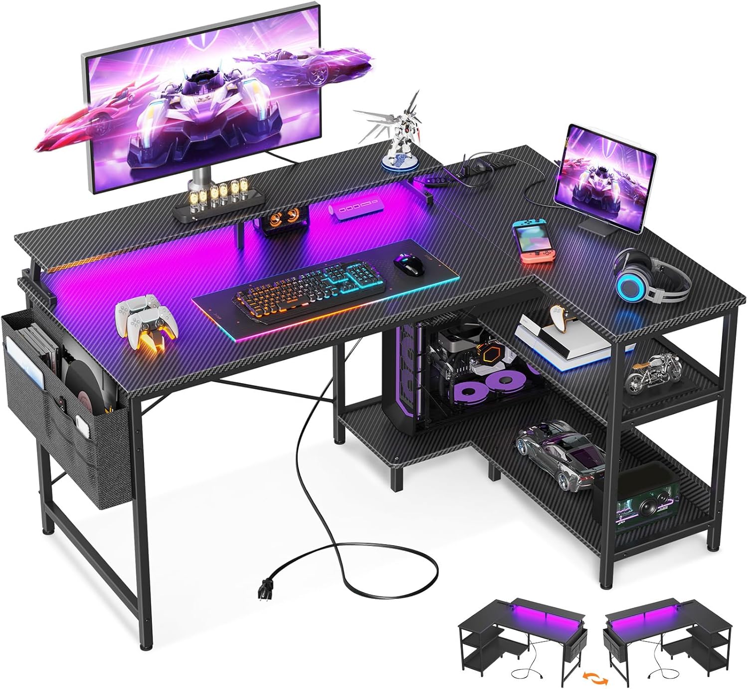 48 Inch Gaming Desk - USB Charging Ports and LED Lights, Reversible L Shaped Computer Desk with Storage Shelves & Monitor Stand, Power Outlets, Black - The Gadget Guy