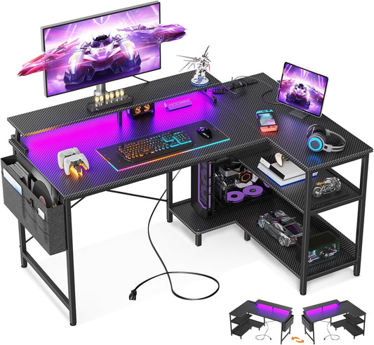48 Inch Gaming Desk - USB Charging Ports and LED Lights, Reversible L Shaped Computer Desk with Storage Shelves & Monitor Stand, Power Outlets, Black - The Gadget Guy