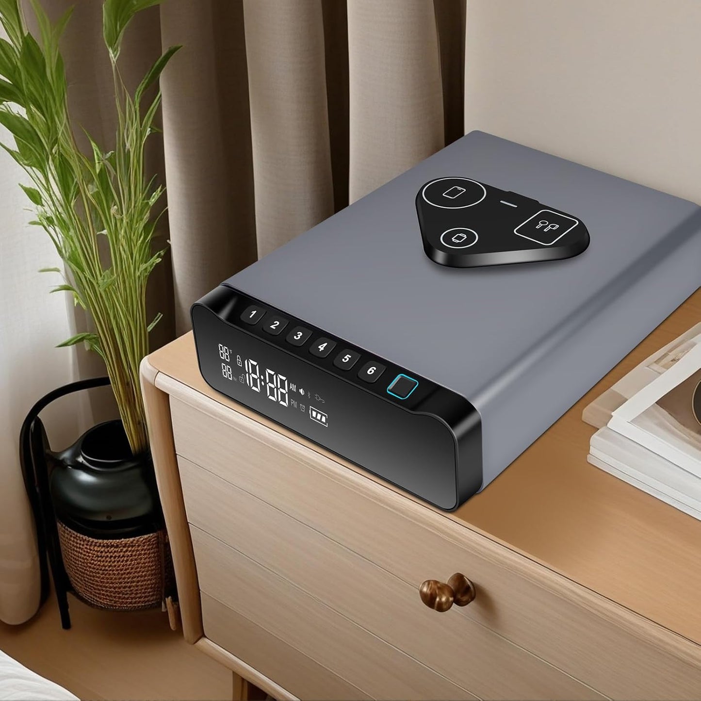 Biometric Fingerprint Gun Safe - Clock Handgun Safe with 3 - In - 1 Watch & Phone Wireless Charging, Drawer Lock for Hand Guns, Cash, Valuables - with Humidity Reader|Temperature| Alarm Clock| Screen - The Gadget Guy