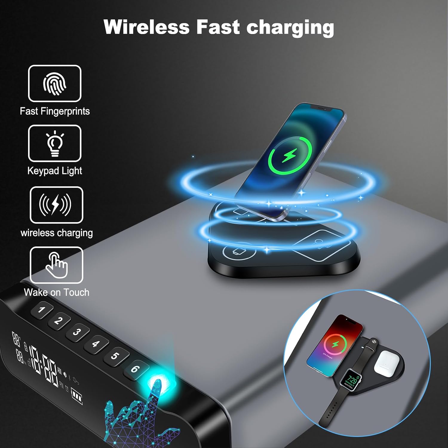 Biometric Fingerprint Gun Safe - Clock Handgun Safe with 3 - In - 1 Watch & Phone Wireless Charging, Drawer Lock for Hand Guns, Cash, Valuables - with Humidity Reader|Temperature| Alarm Clock| Screen - The Gadget Guy