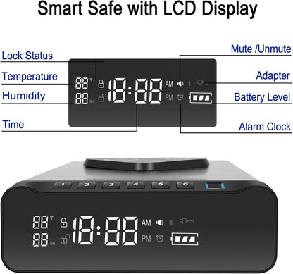 Biometric Fingerprint Gun Safe - Clock Handgun Safe with 3 - In - 1 Watch & Phone Wireless Charging, Drawer Lock for Hand Guns, Cash, Valuables - with Humidity Reader|Temperature| Alarm Clock| Screen - The Gadget Guy