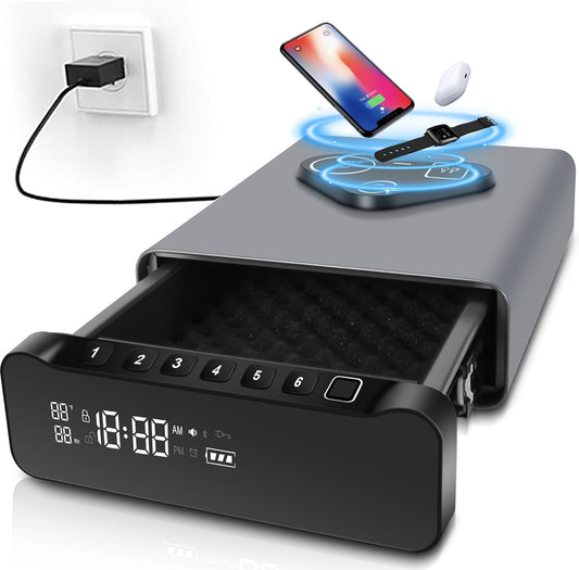 Biometric Fingerprint Gun Safe - Clock Handgun Safe with 3 - In - 1 Watch & Phone Wireless Charging, Drawer Lock for Hand Guns, Cash, Valuables - with Humidity Reader|Temperature| Alarm Clock| Screen - The Gadget Guy