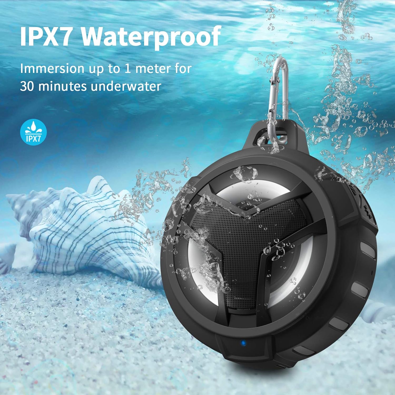 Bluetooth Portable Speaker - IP67 Waterproof, LED Lights, 2000Mah, Black - The Gadget Guy