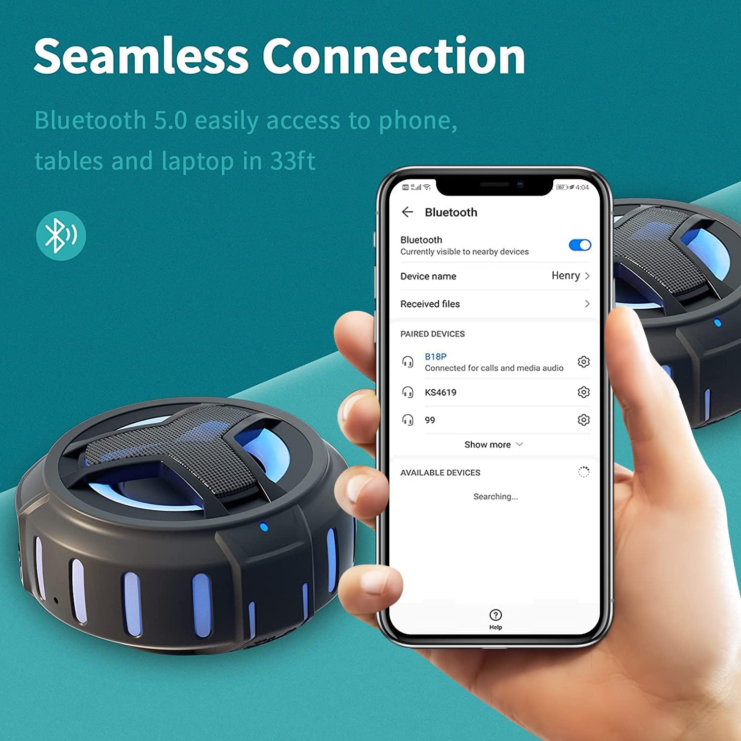 Bluetooth Portable Speaker - IP67 Waterproof, LED Lights, 2000Mah, Black - The Gadget Guy