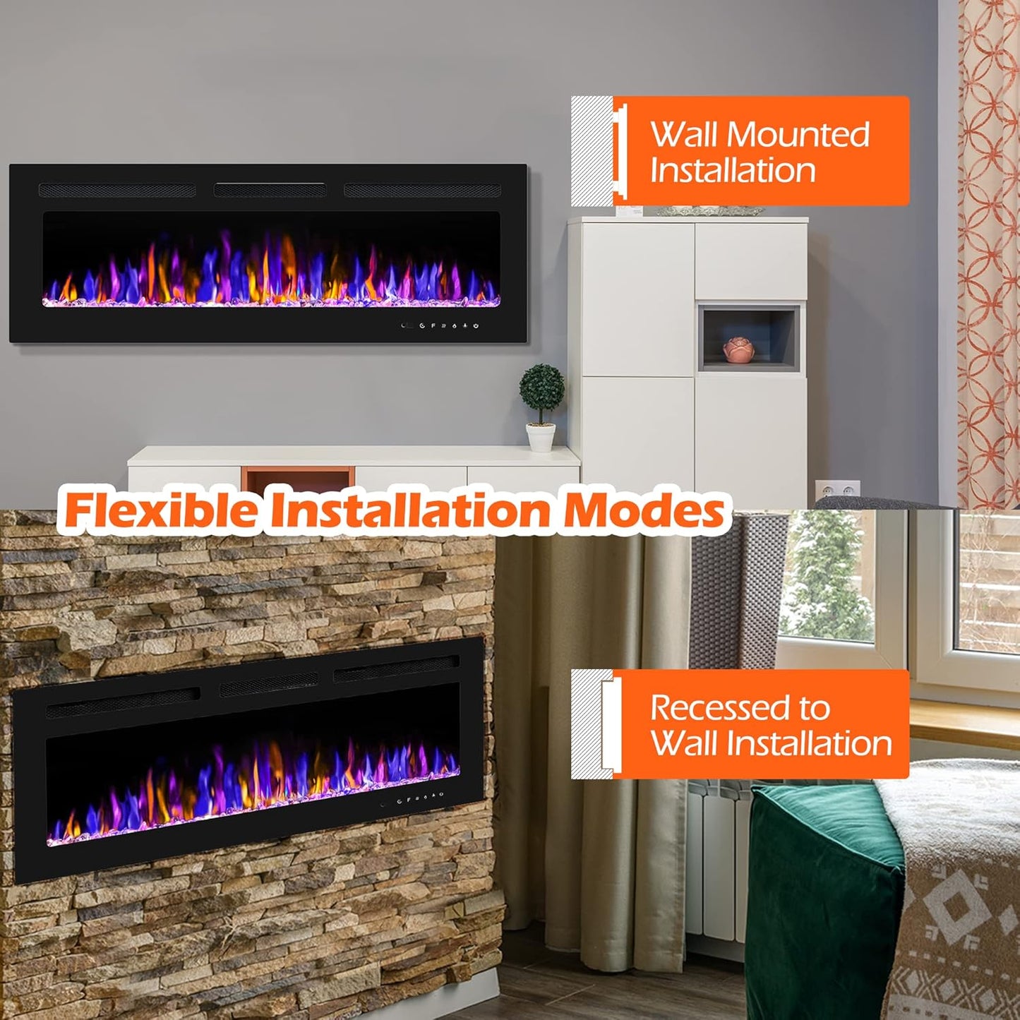 Electric Fireplace - Wall Mounted and Recessed with Remote Control, 750/1500W Ultra - Thin Wall Fireplace Heater - The Gadget Guy