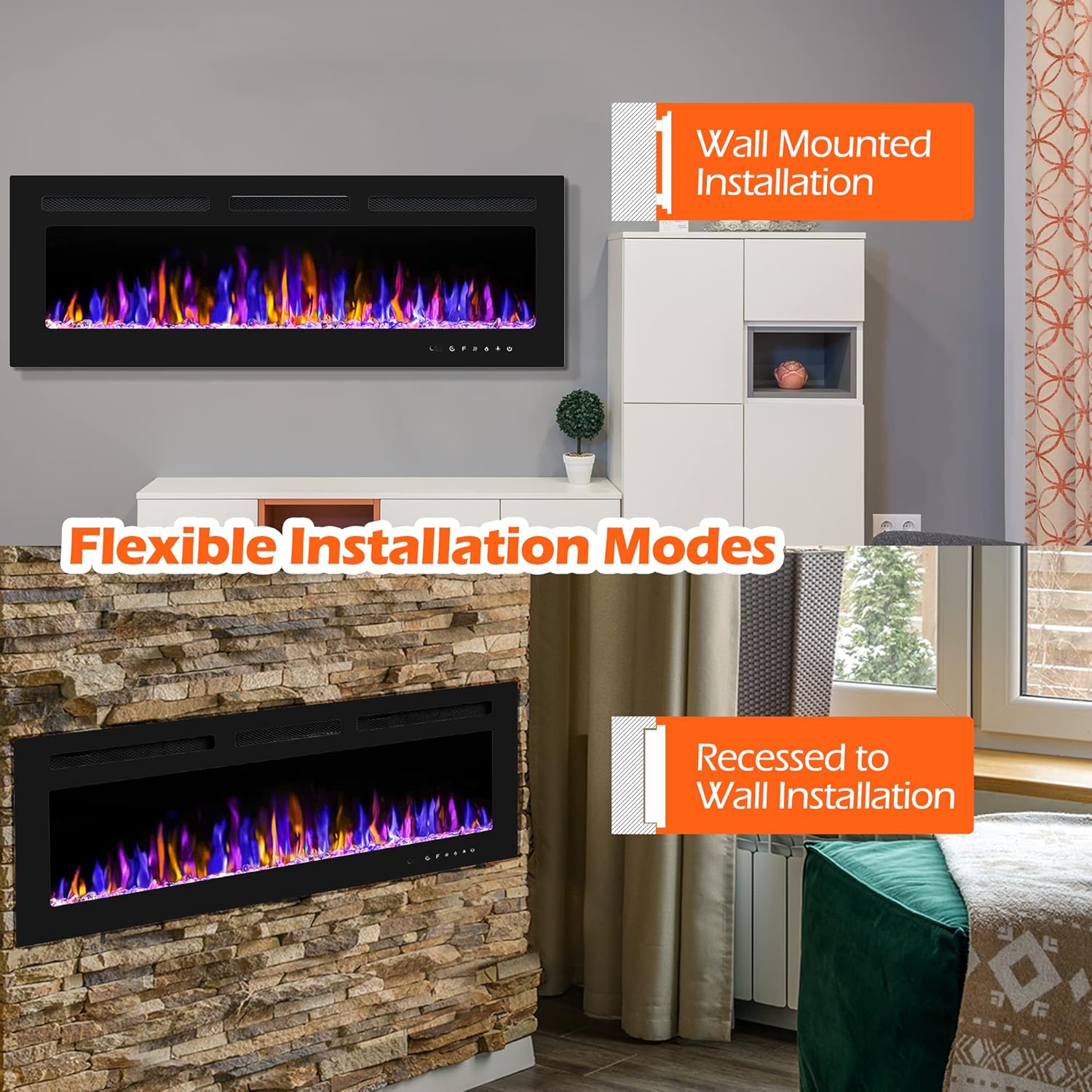 Electric Fireplace - Wall Mounted and Recessed with Remote Control, 750/1500W Ultra - Thin Wall Fireplace Heater - The Gadget Guy