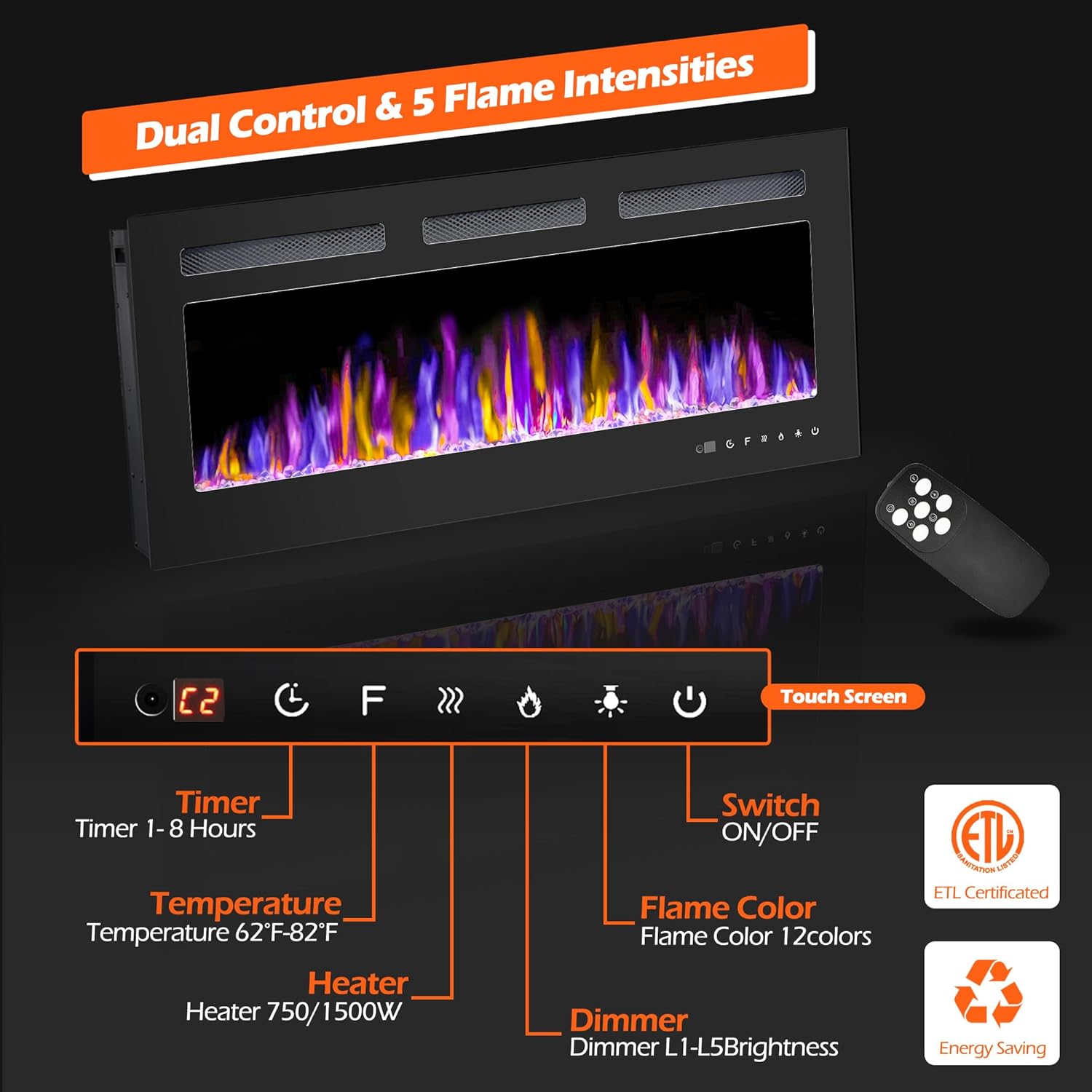 Electric Fireplace - Wall Mounted and Recessed with Remote Control, 750/1500W Ultra - Thin Wall Fireplace Heater - The Gadget Guy