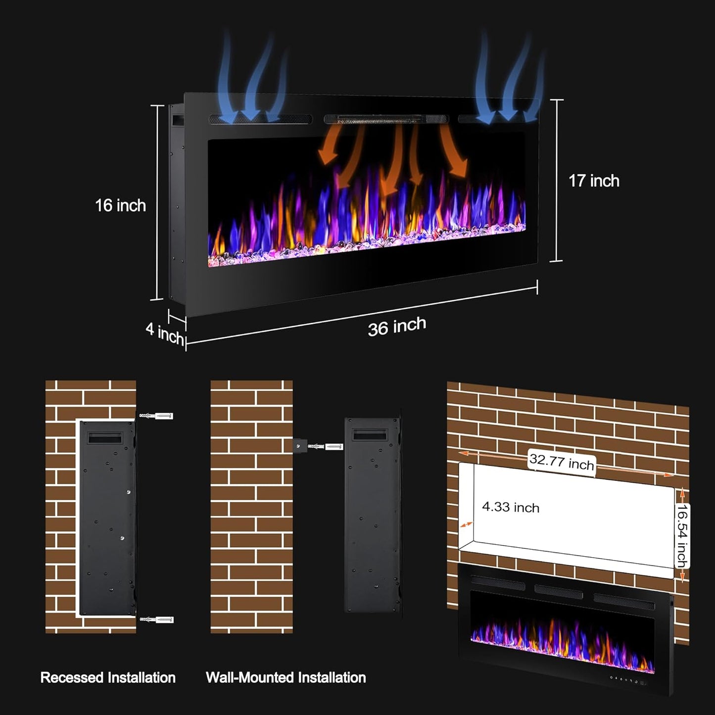 Electric Fireplace - Wall Mounted and Recessed with Remote Control, 750/1500W Ultra - Thin Wall Fireplace Heater - The Gadget Guy