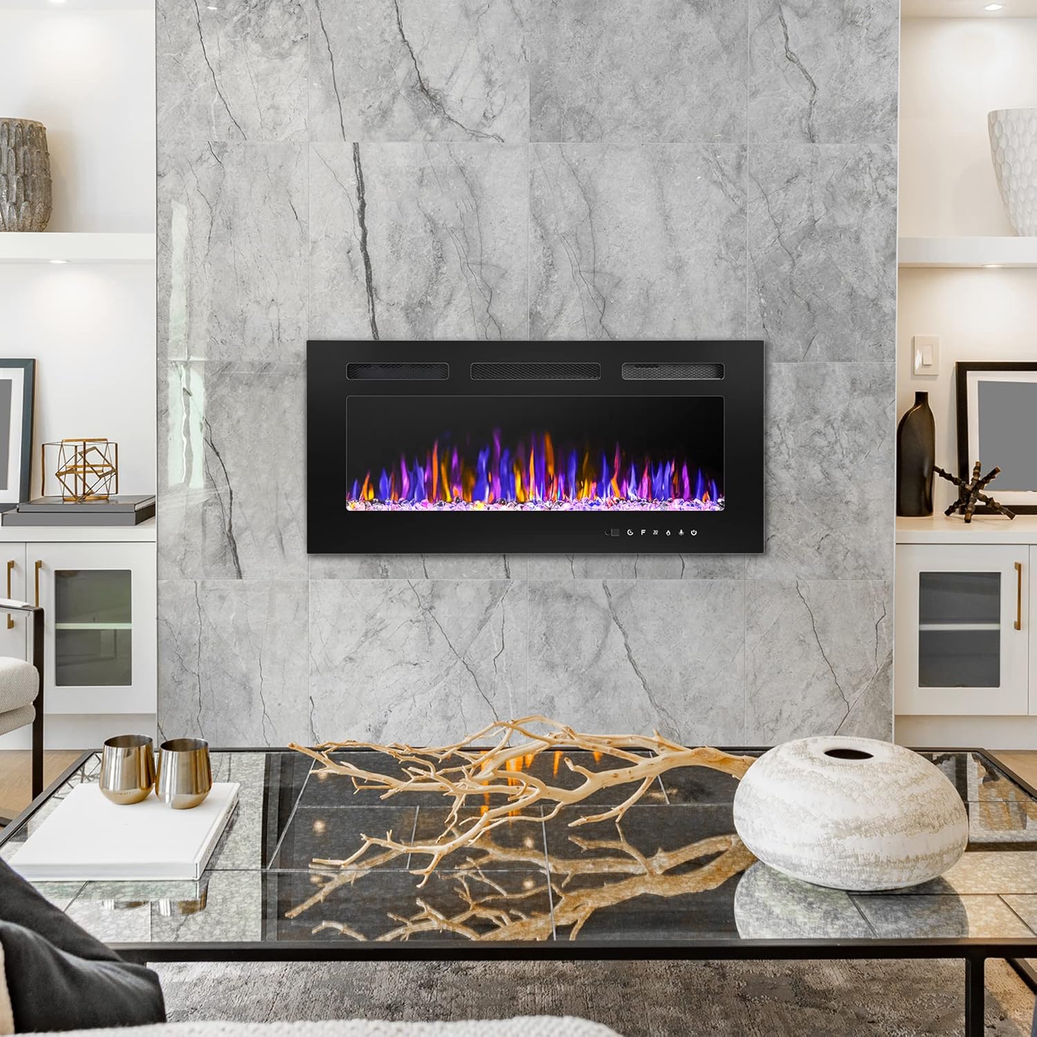 Electric Fireplace - Wall Mounted and Recessed with Remote Control, 750/1500W Ultra - Thin Wall Fireplace Heater - The Gadget Guy