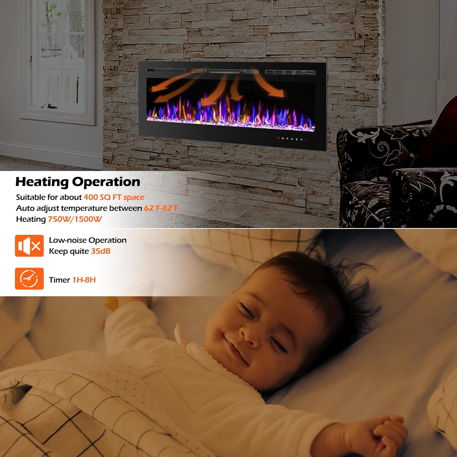 Electric Fireplace - Wall Mounted and Recessed with Remote Control, 750/1500W Ultra - Thin Wall Fireplace Heater - The Gadget Guy