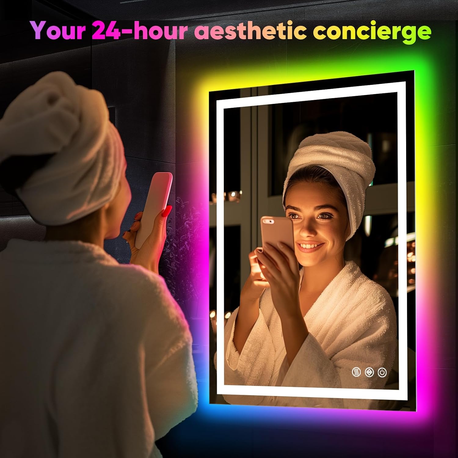Illuminated RGB LED Bathroom Mirror - 32x24 Inch, Dimmable Touch Control, Anti - Fog, 3 Color Options, Smart Vanity Mirror with Memory Function - The Gadget Guy