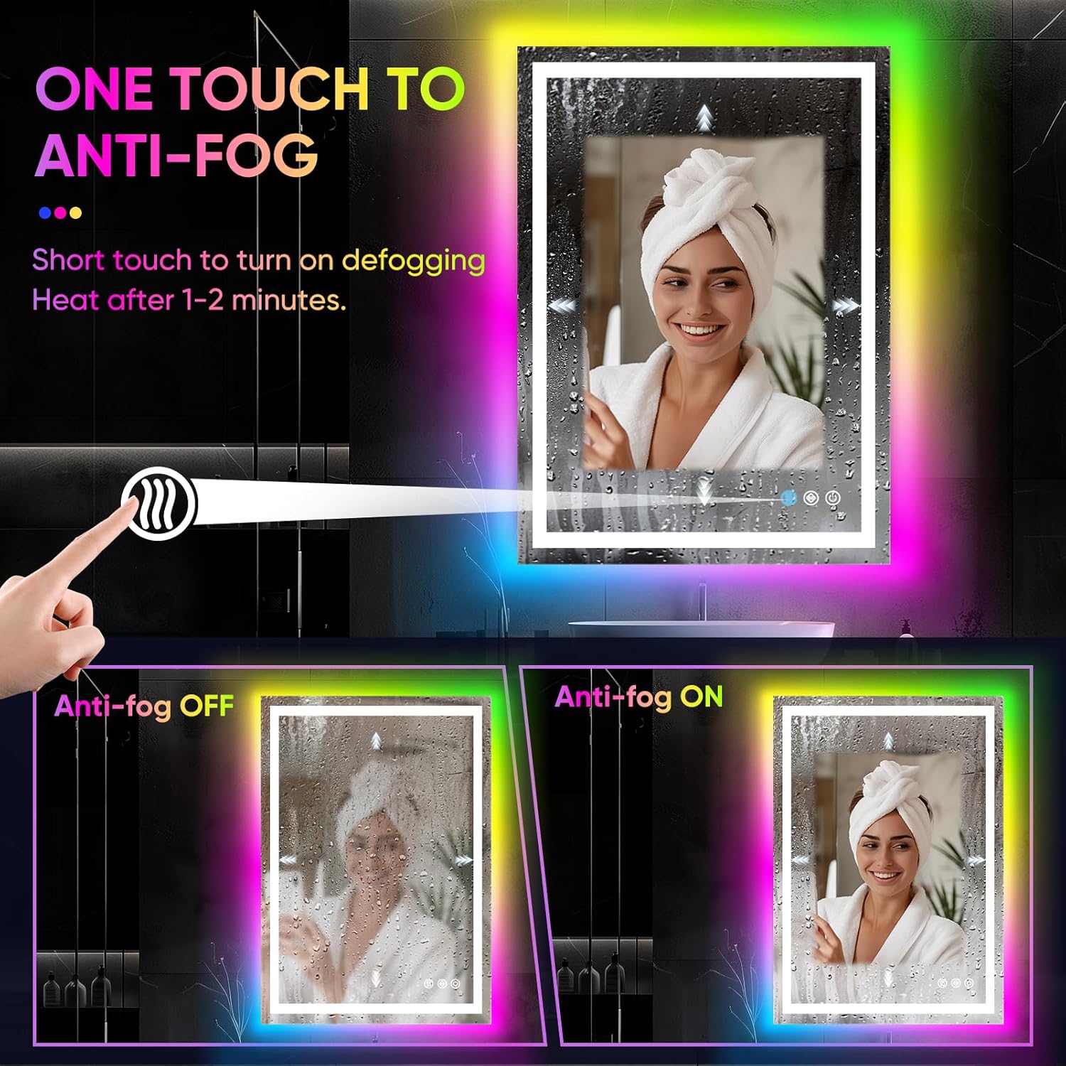 Illuminated RGB LED Bathroom Mirror - 32x24 Inch, Dimmable Touch Control, Anti - Fog, 3 Color Options, Smart Vanity Mirror with Memory Function - The Gadget Guy