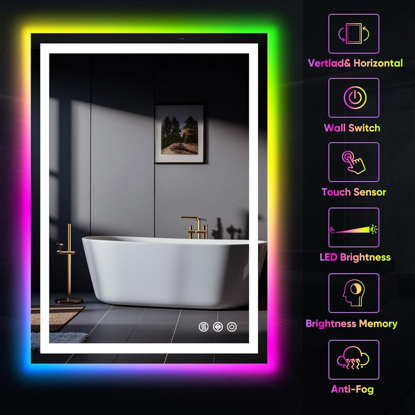 Illuminated RGB LED Bathroom Mirror - 32x24 Inch, Dimmable Touch Control, Anti - Fog, 3 Color Options, Smart Vanity Mirror with Memory Function - The Gadget Guy