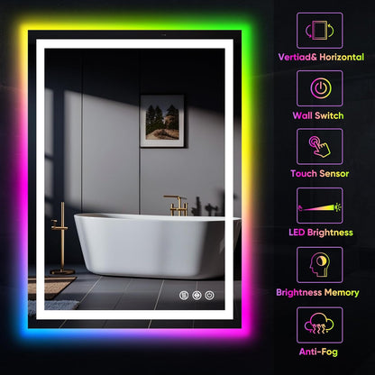 Illuminated RGB LED Bathroom Mirror - 32x24 Inch, Dimmable Touch Control, Anti - Fog, 3 Color Options, Smart Vanity Mirror with Memory Function - The Gadget Guy
