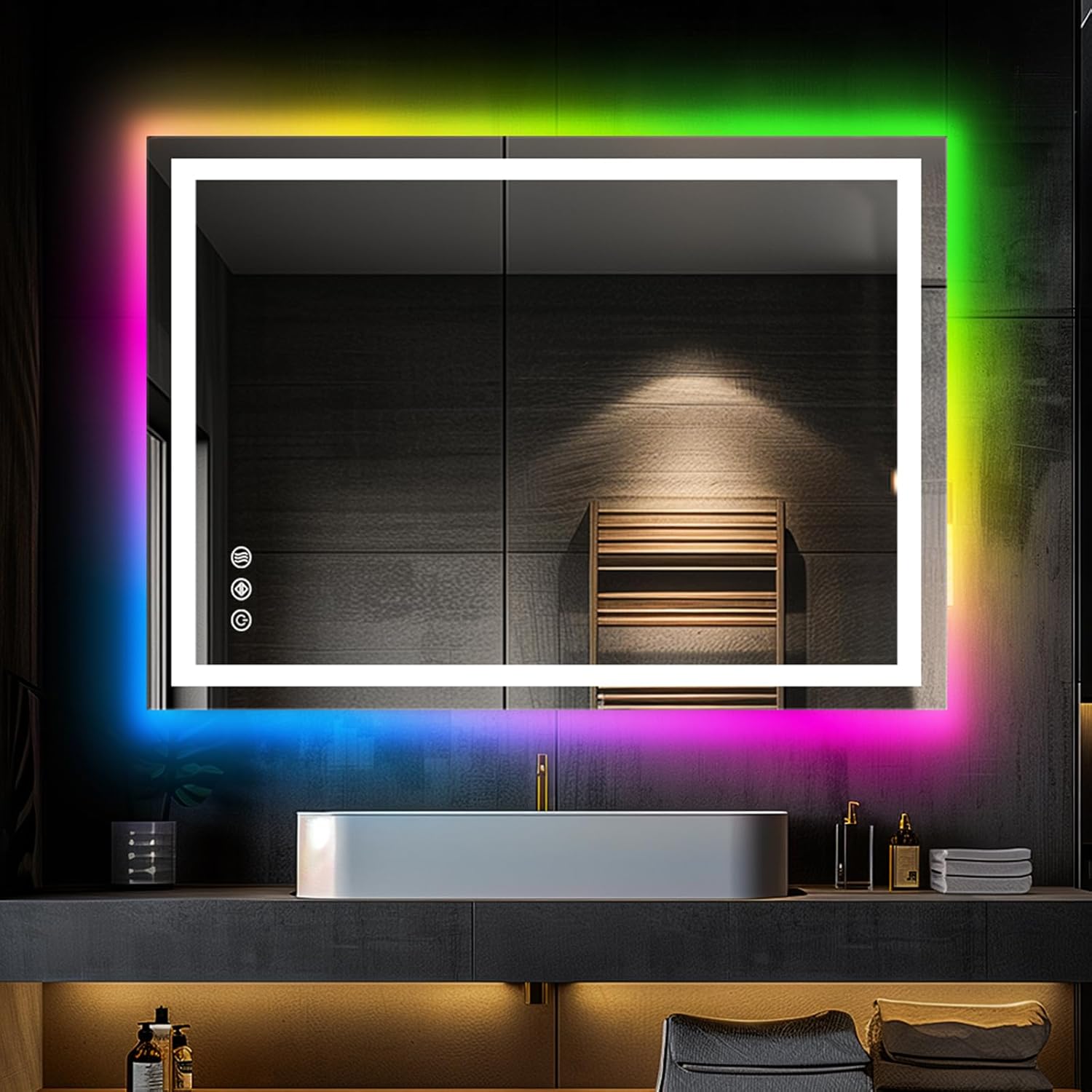 Illuminated RGB LED Bathroom Mirror - 32x24 Inch, Dimmable Touch Control, Anti - Fog, 3 Color Options, Smart Vanity Mirror with Memory Function - The Gadget Guy