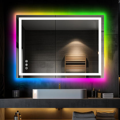 Illuminated RGB LED Bathroom Mirror - 32x24 Inch, Dimmable Touch Control, Anti - Fog, 3 Color Options, Smart Vanity Mirror with Memory Function - The Gadget Guy