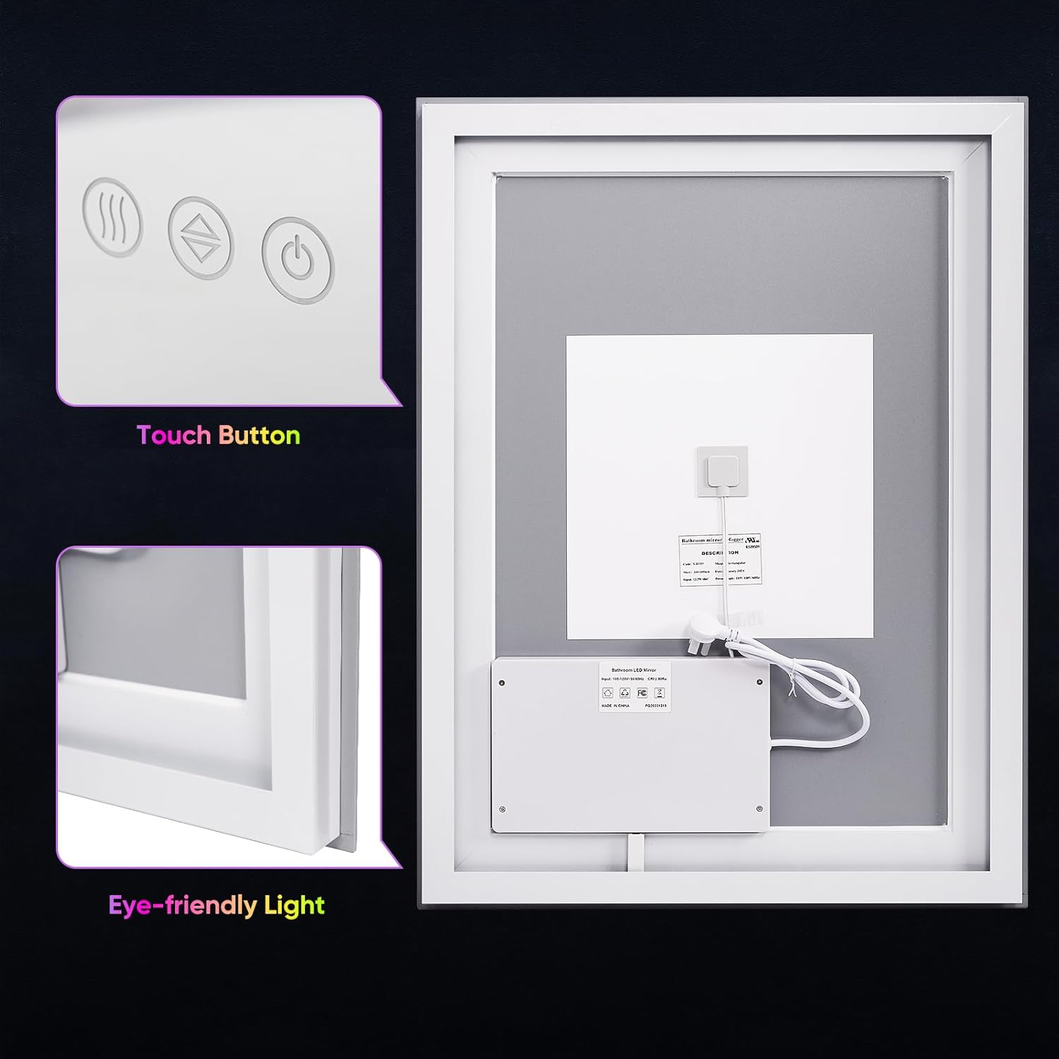 Illuminated RGB LED Bathroom Mirror - 32x24 Inch, Dimmable Touch Control, Anti - Fog, 3 Color Options, Smart Vanity Mirror with Memory Function - The Gadget Guy