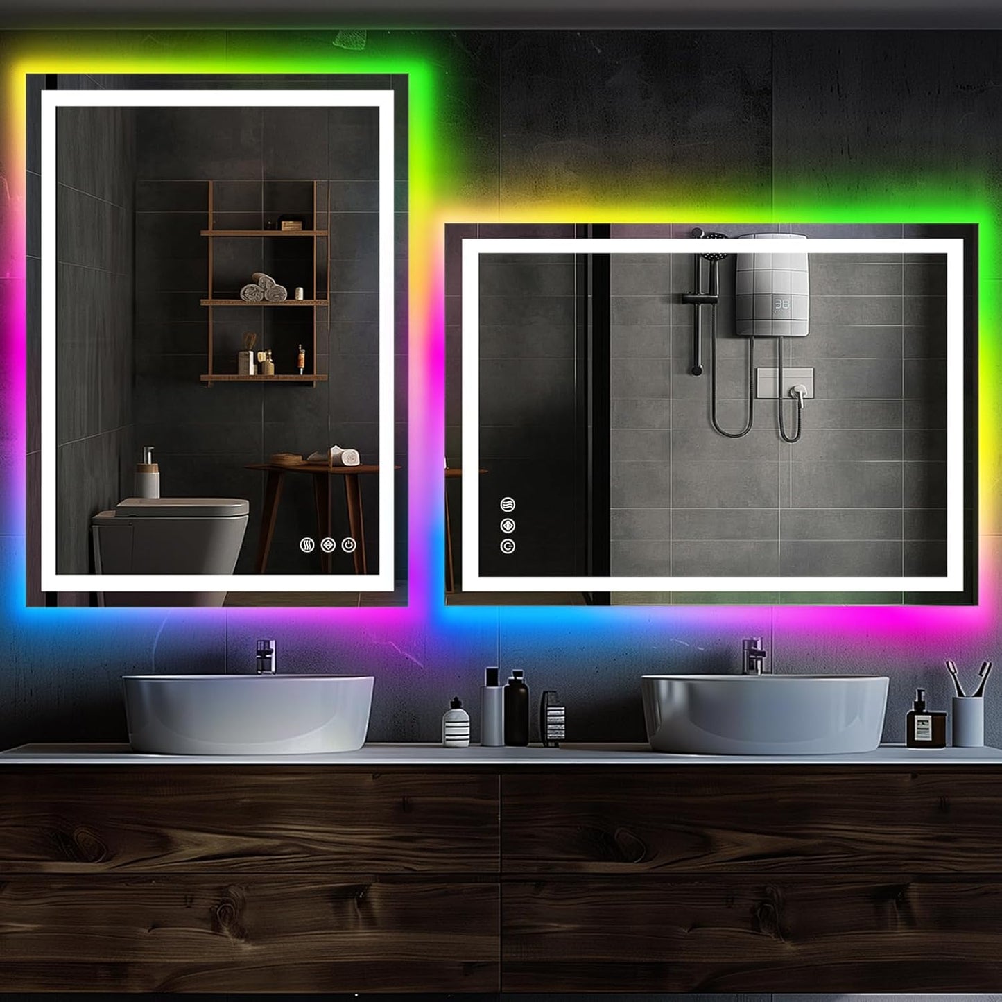 Illuminated RGB LED Bathroom Mirror - 32x24 Inch, Dimmable Touch Control, Anti - Fog, 3 Color Options, Smart Vanity Mirror with Memory Function - The Gadget Guy