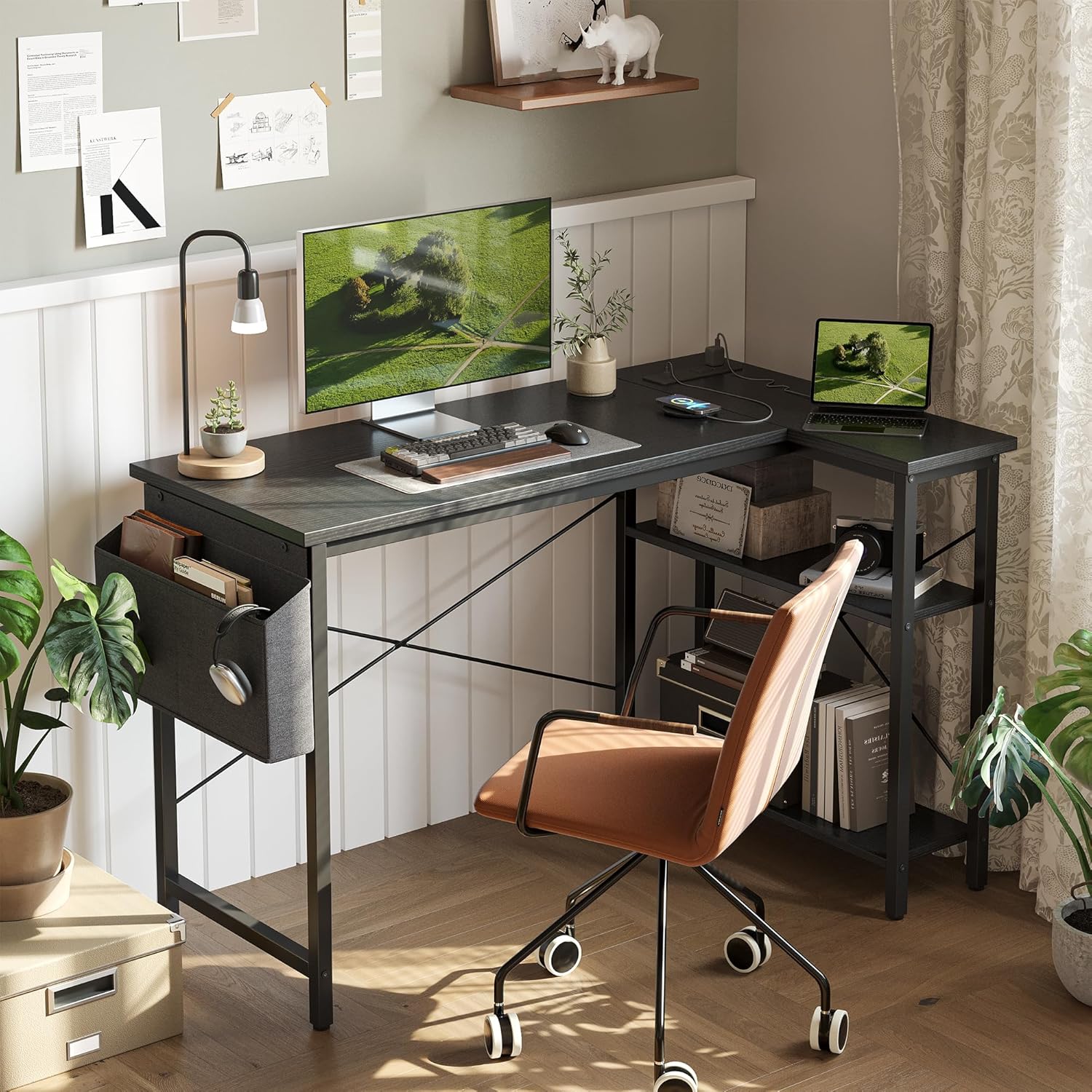 L Shaped Computer Desk - Power Outlets, 55 Inch Small Corner Desk with Reversible Shelves, Gaming Desk, Black - The Gadget Guy