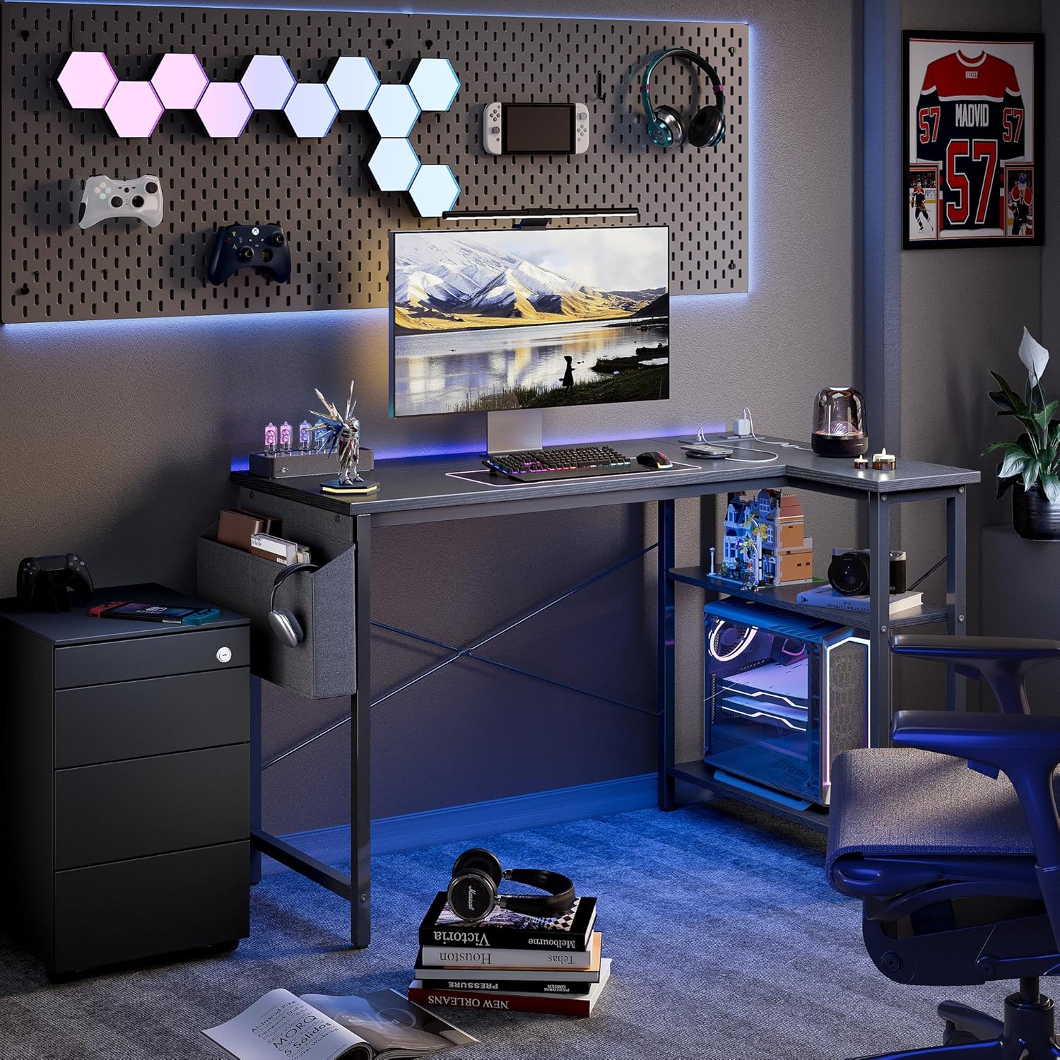 L Shaped Computer Desk - Power Outlets, 55 Inch Small Corner Desk with Reversible Shelves, Gaming Desk, Black - The Gadget Guy