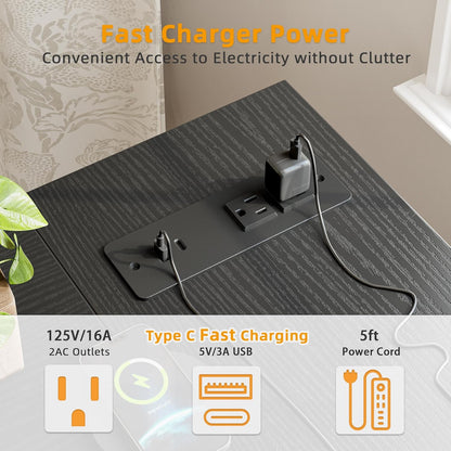 L Shaped Computer Desk - Power Outlets, 55 Inch Small Corner Desk with Reversible Shelves, Gaming Desk, Black - The Gadget Guy